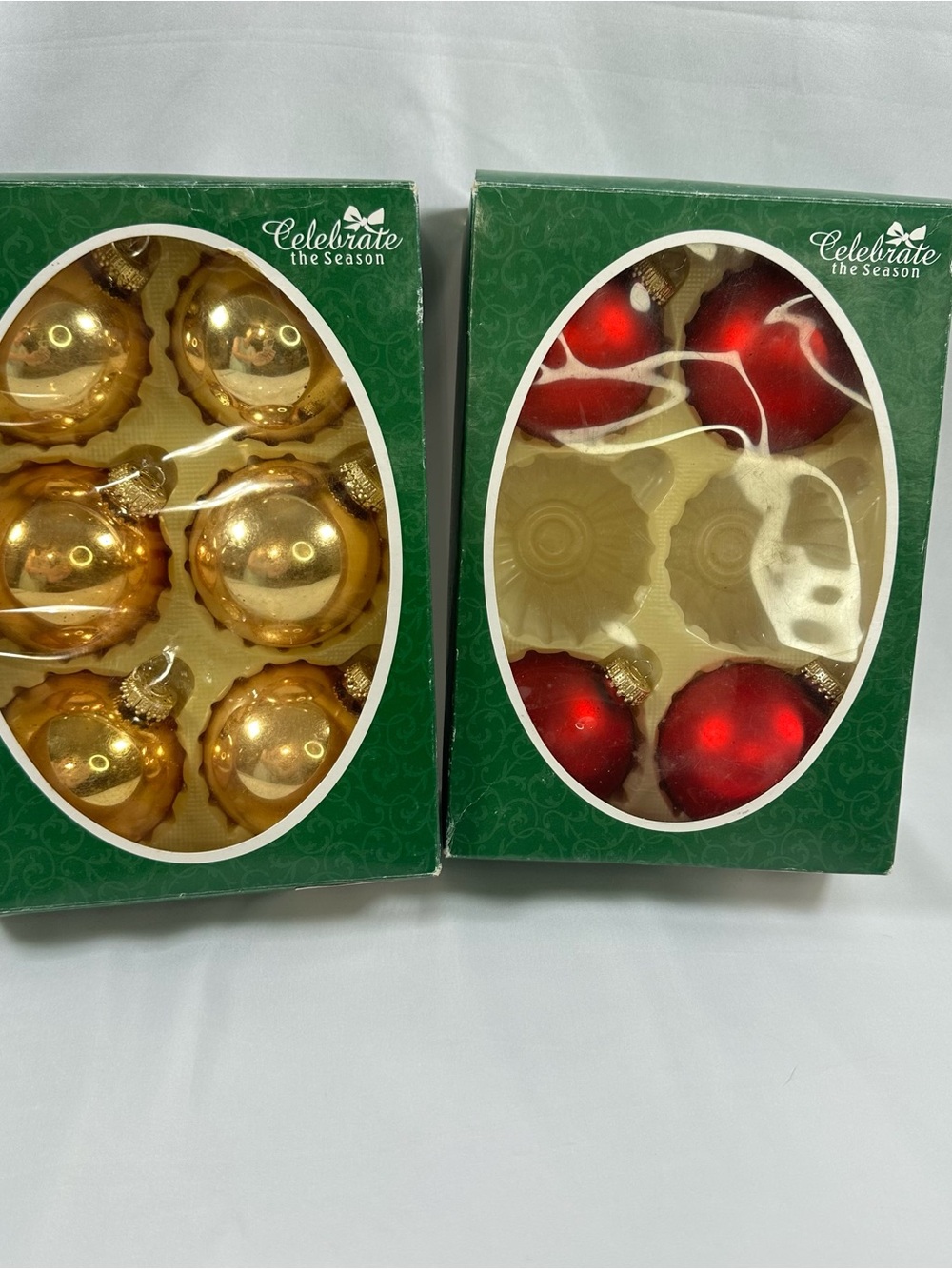 Vintage Glass Christmas Ornaments, Gold, Red, Celebrate The Season.